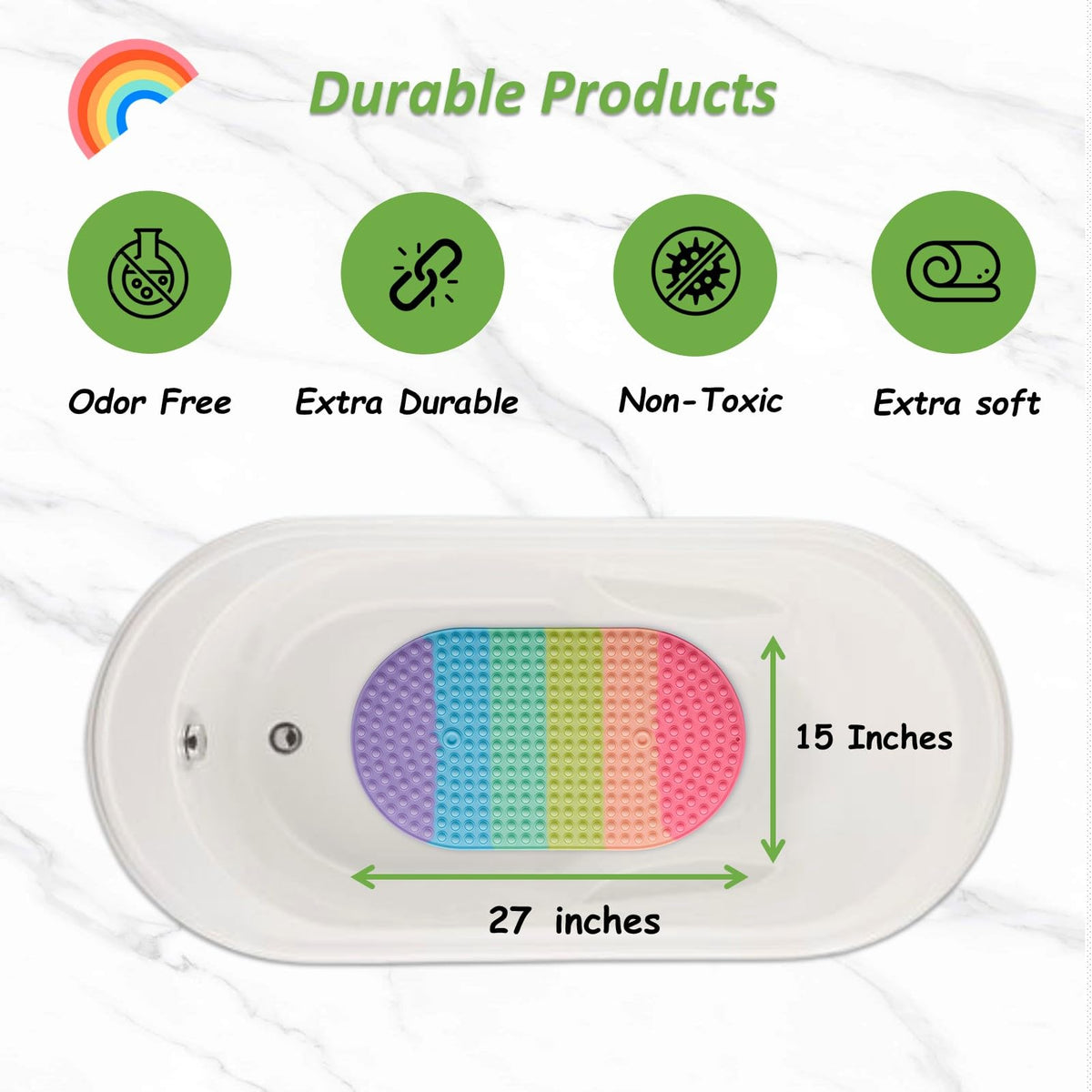 Joiyota 27x15 rainbow bath mat fits most bathtubs for versatile use.