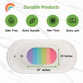 Joiyota 27x15 rainbow bath mat fits most bathtubs for versatile use.