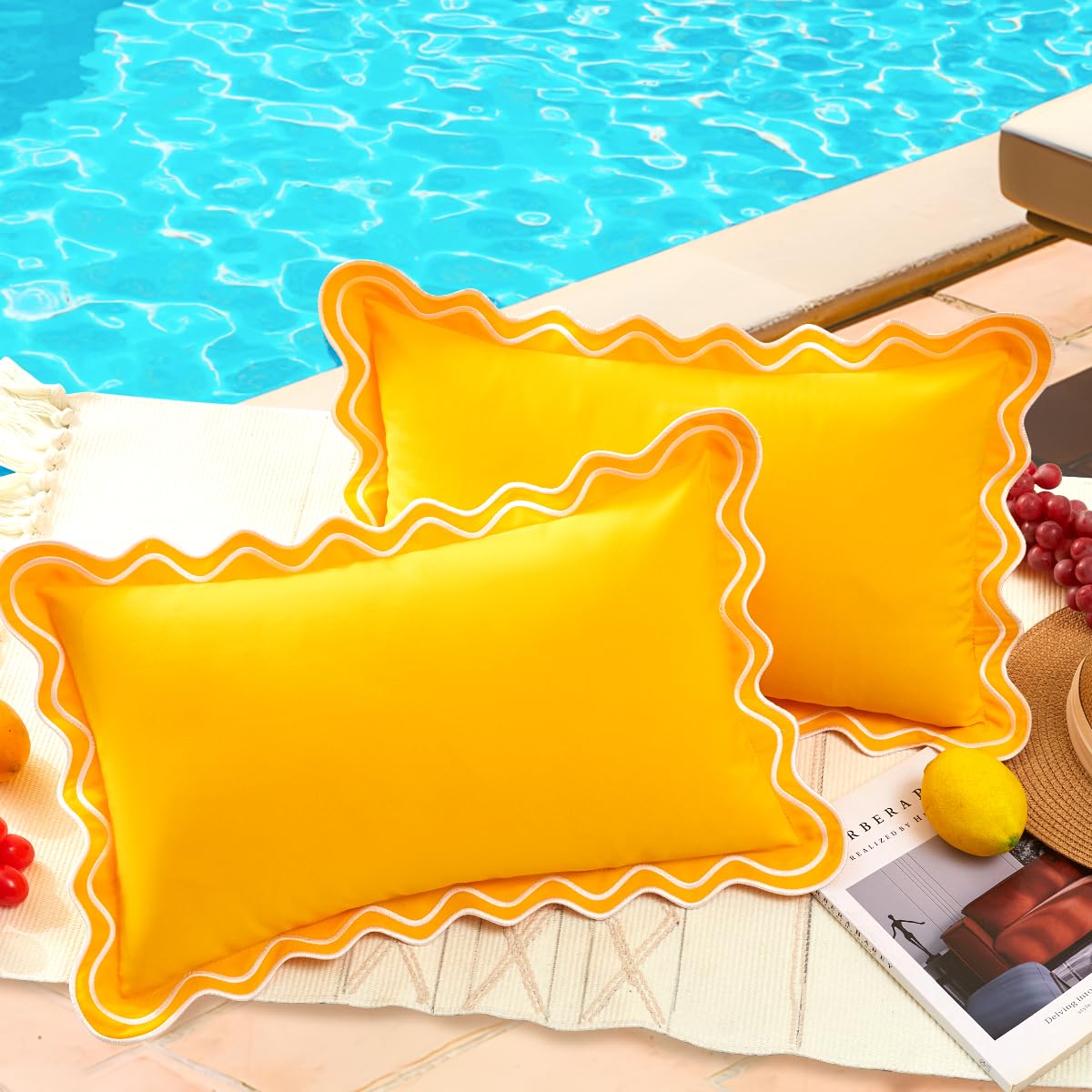 JOJOGOGO 12x20 yellow scalloped outdoor pillow cover waterproof for patio use.