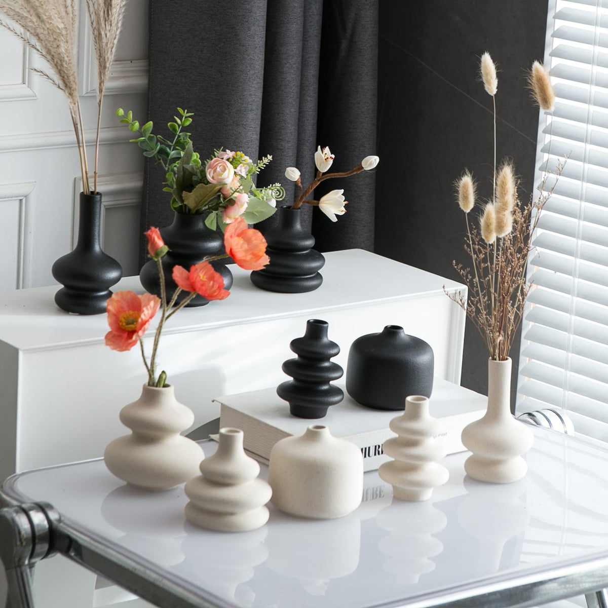 JOJUNO White Bud Vases on coffee table creating a subtle centerpiece