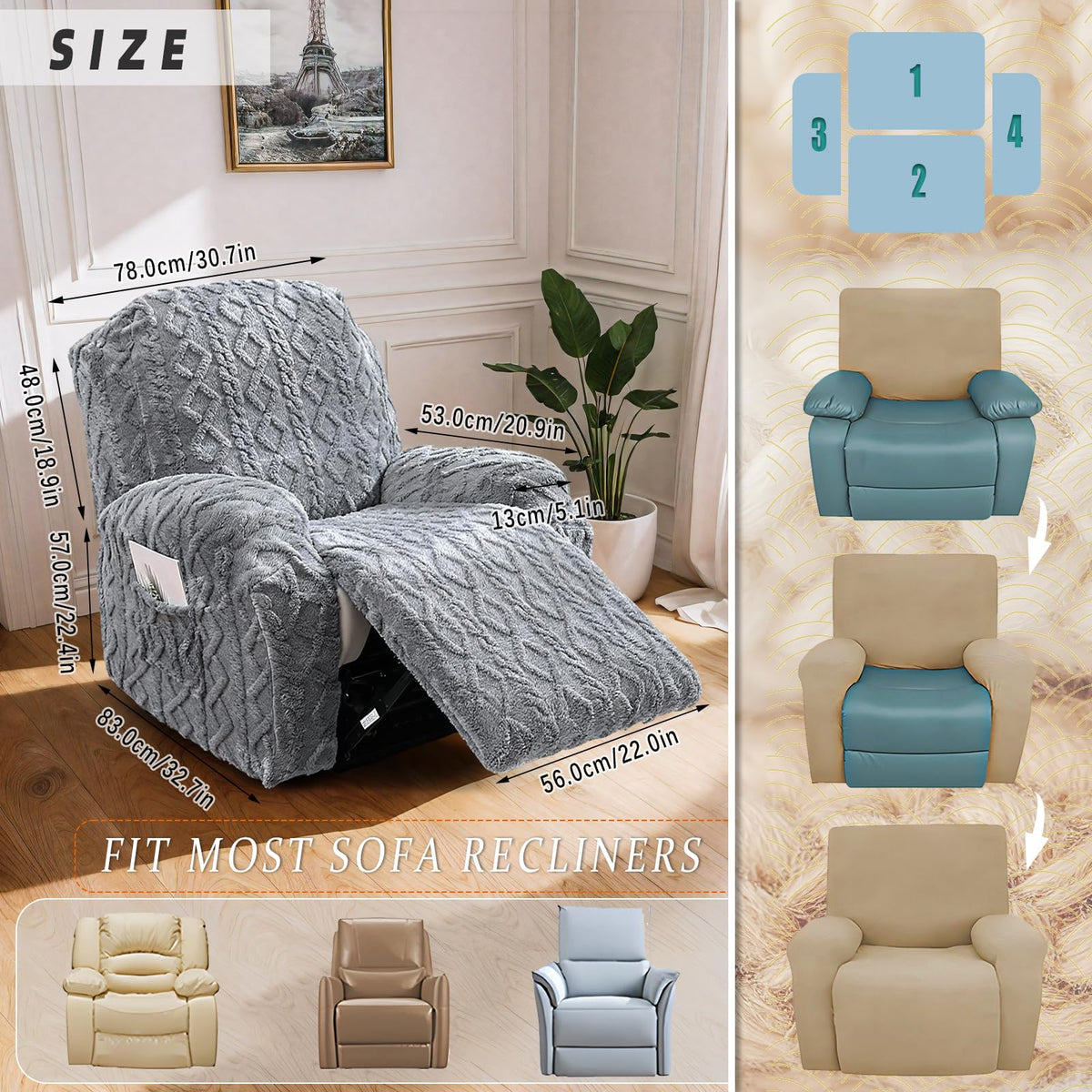 JOKIVTOU four-piece assembly demonstrates full single-seat recliner coverage