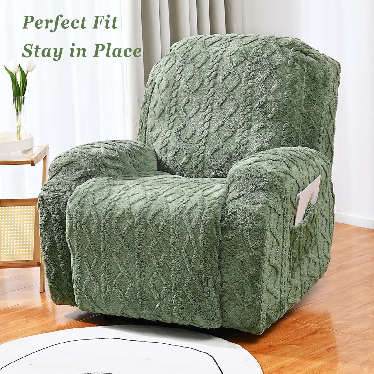 JOKIVTOU recliner cover pocket design keeps remote and phone accessible.
