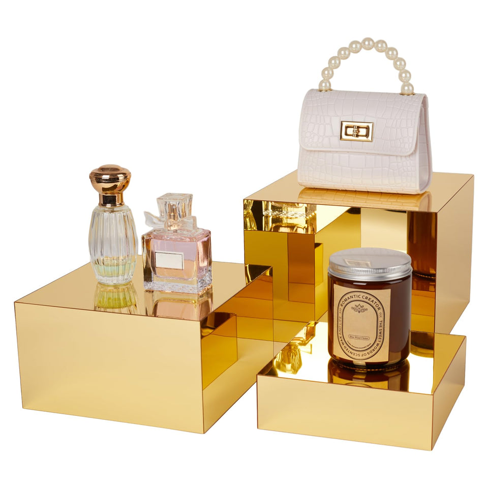 Jolboldy gold acrylic risers stand, top view, ideal for elegant multi-level product display.