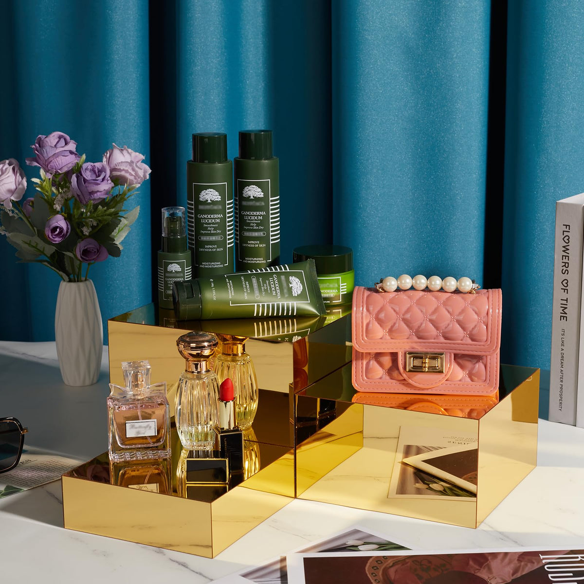 Jolboldy mirrored nesting cubes display, side-by-side setup enhances retail presentation while saving space.