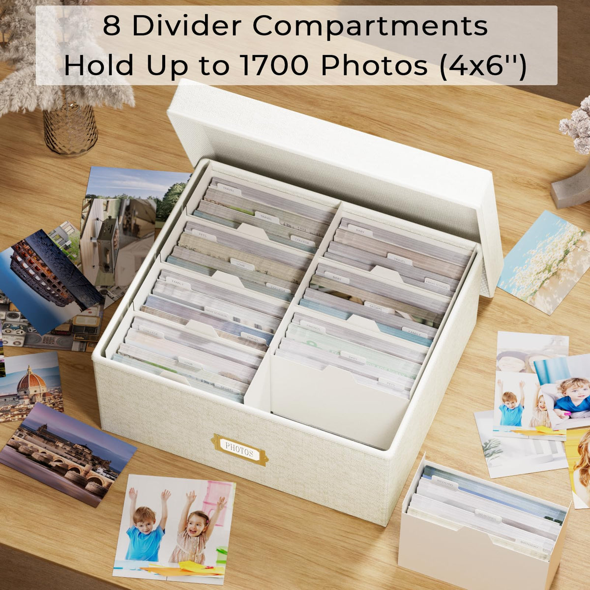Jolensoy photo box with eight compartments for organizing photos and keepsakes.
