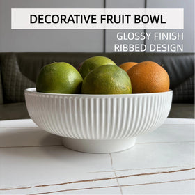 JolieJulie cream white ceramic fruit bowl, side view for counter display.