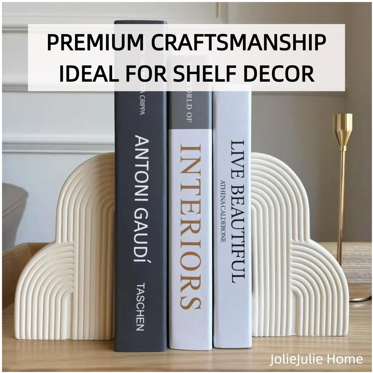 Office setup featuring JolieJulie concrete bookends for decor and organization