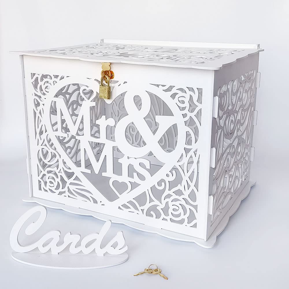 Jolik wedding money box holder with sign, front view showing rustic white finish.