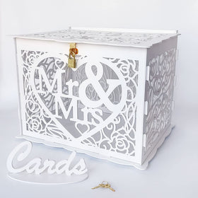 Jolik wedding money box holder with sign, front view showing rustic white finish.