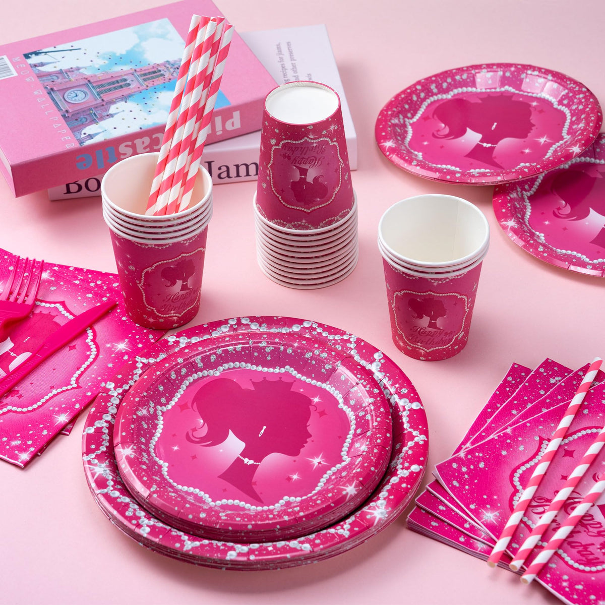 JOLJUMP 162PCS hot pink dessert plates for sweet treats