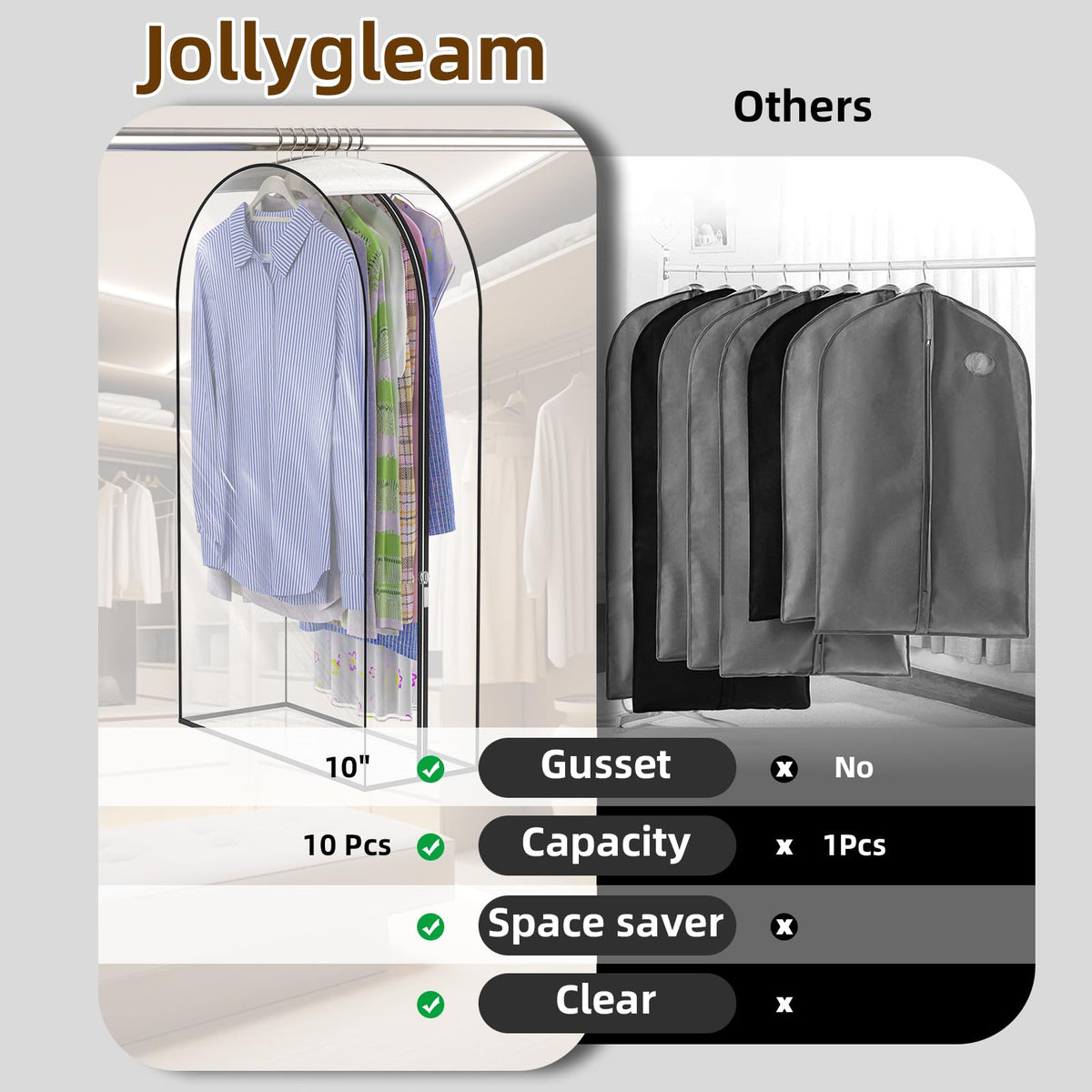 Jollygleam garment bags protect against dust and moisture during storage.