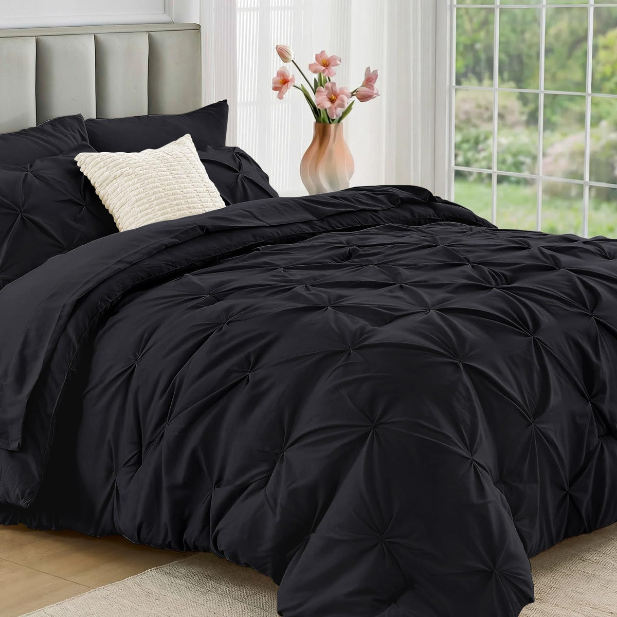JOLLYVOGUE Black Queen comforter set with pintuck texture enhances bedroom style