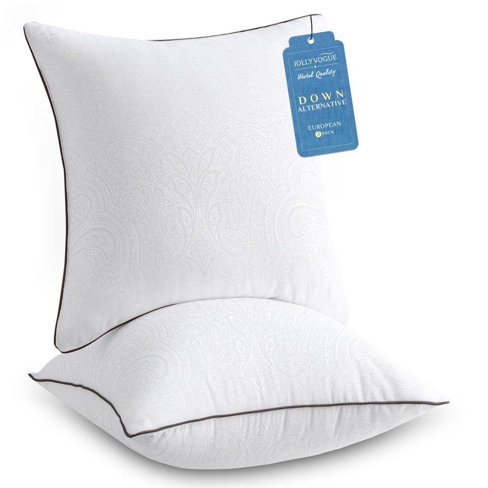 JOLLYVOGUE euro pillows 26x26 set of 2 on bed, hotel-quality comfort and versatile support.