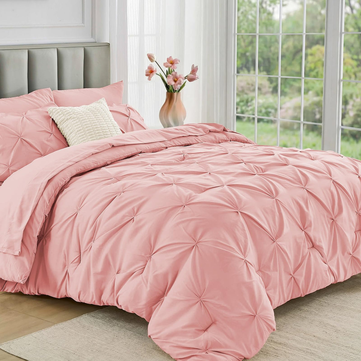JOLLYVOGUE full-size pink bed in a bag with chic pintuck design for a stylish centerpiece