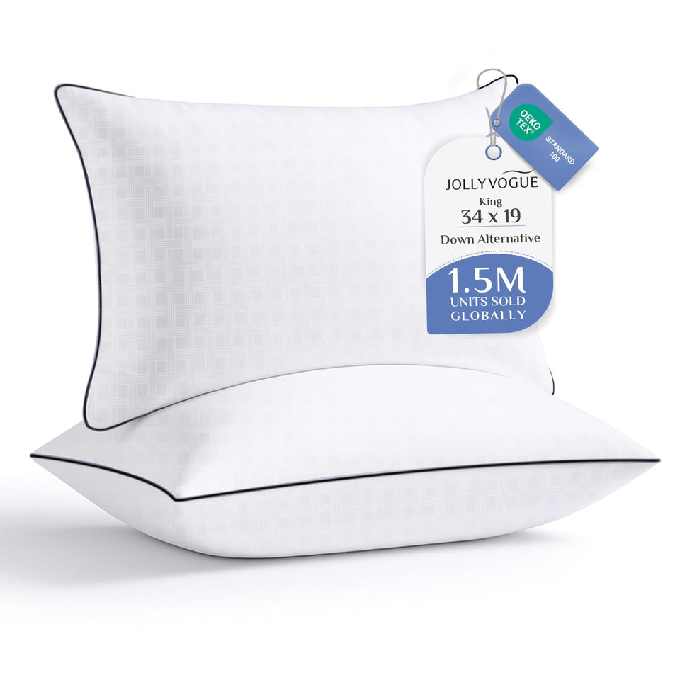JOLLYVOGUE king-size pillows 2-pack, unboxed with loft restored for plush support.