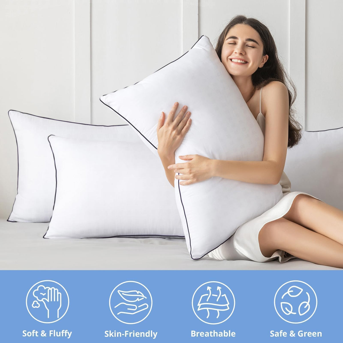JOLLYVOGUE king-size pillows, front view showing full, fluffy profile for side sleepers.