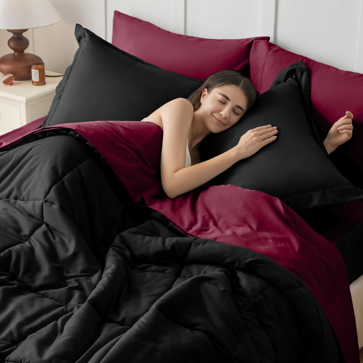 JOLLYVOGUE Queen Comforter Set seven-piece layout demonstrates complete bedding solution