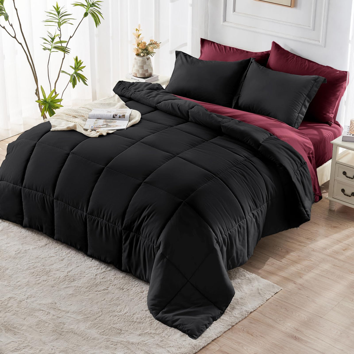 JOLLYVOGUE Queen Comforter Set burgundy and black tone enhances bedroom style