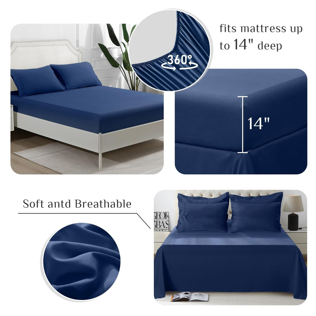JOLLYVOGUE Queen fitted sheet elastic-pocket keeps a secure fit on 10-14 inch mattresses