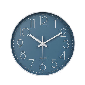 jomparis blue wall clock front view with bold numbers for easy time checks.