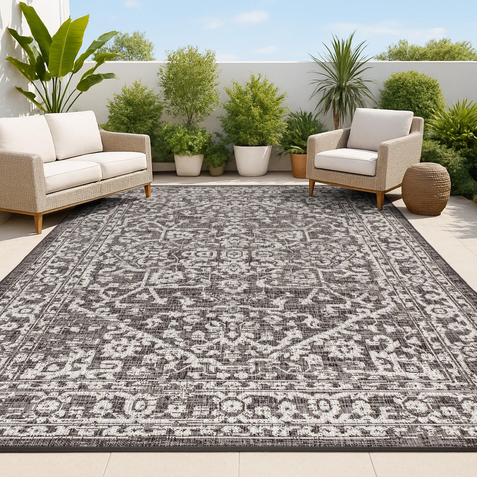 Jonathan Y boho medallion outdoor rug 8x10 black and gray adds porch ambiance
