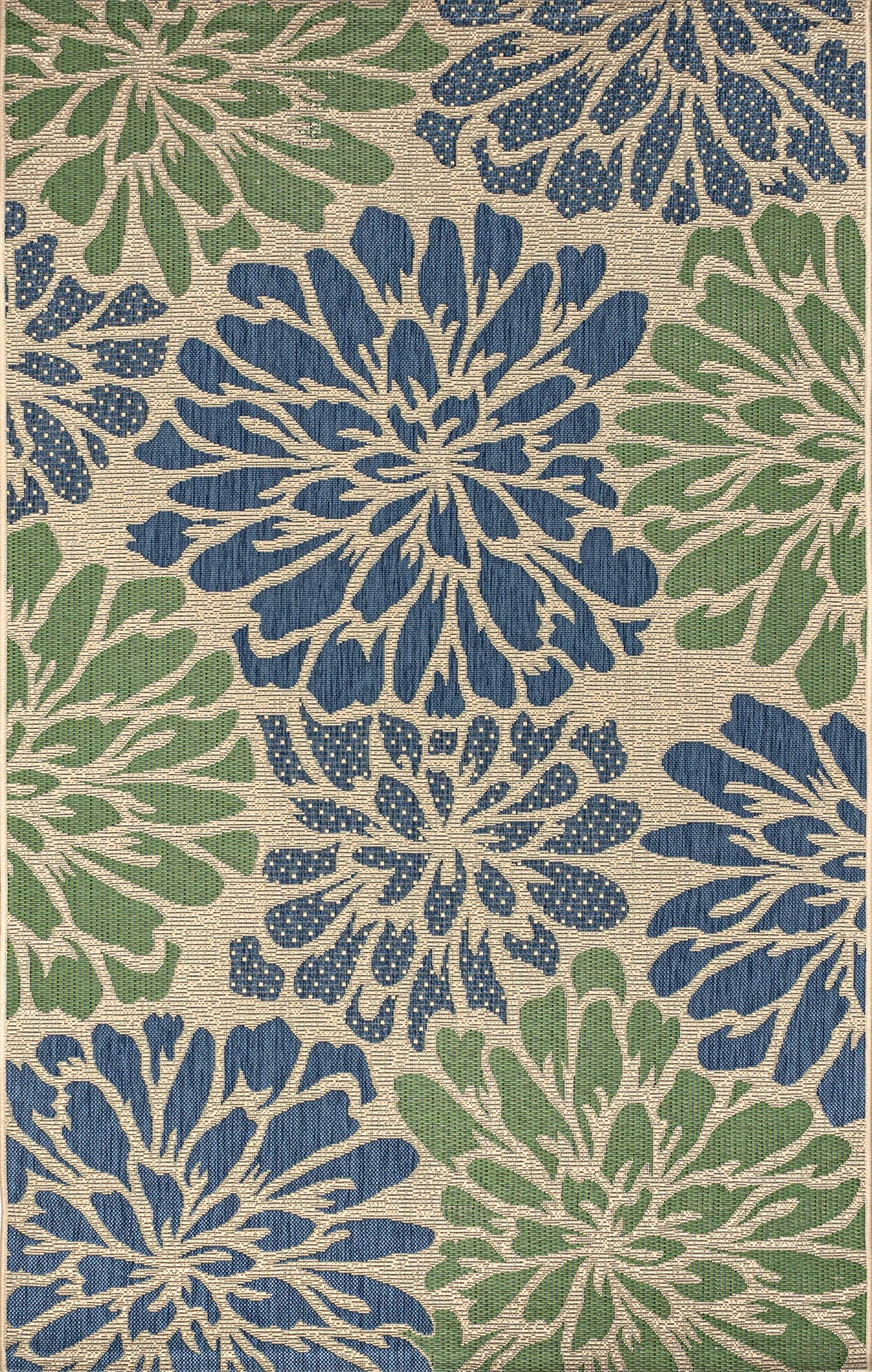 Jonathan Y leafy green navy flowers on beige ground for pattern interest.