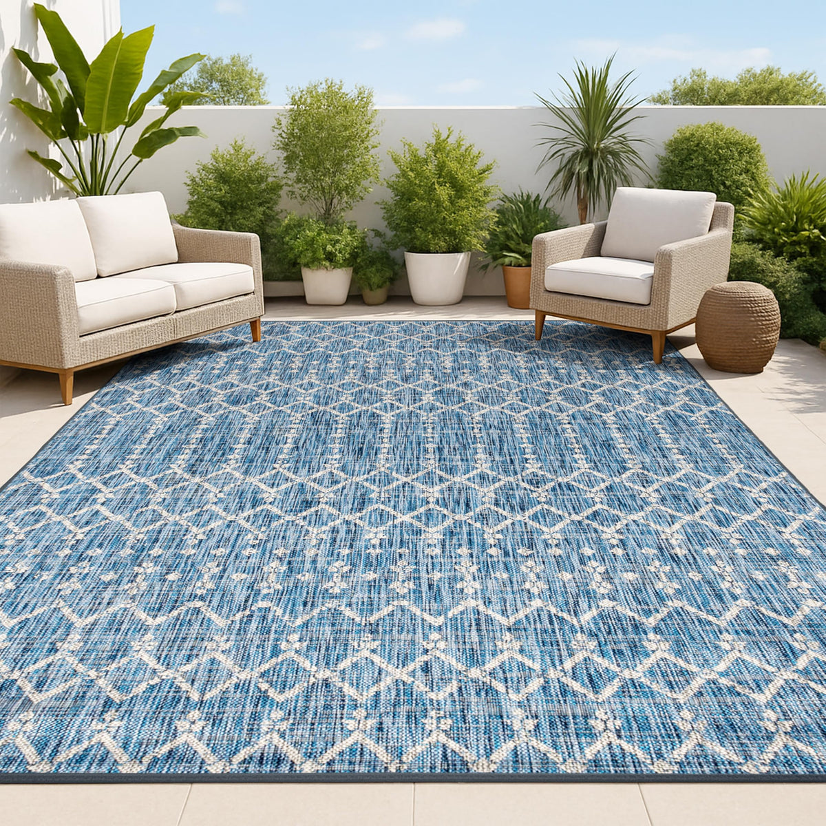 Jonathan Y Ourika Moroccan geometric rug in navy and gray for outdoor patios