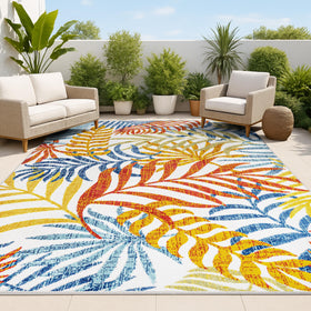 Jonathan Y Tropics rug close-up of palm leaves highlights durable flatweave texture for busy areas.