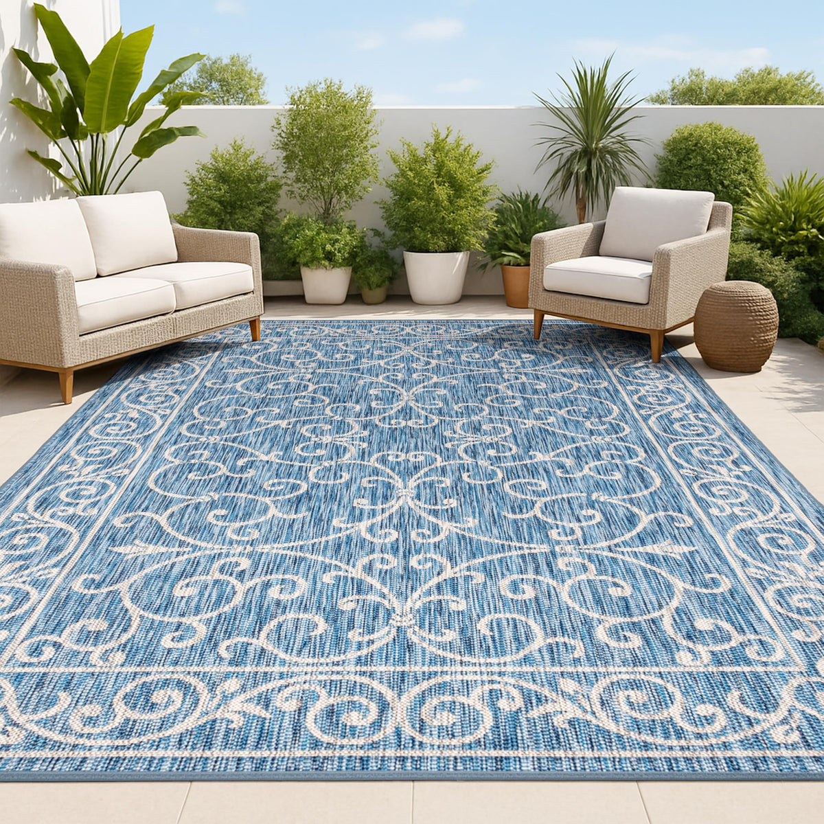Jonathan Y Vintage Filigree rug close-up showing navy-gray weave for outdoor durability