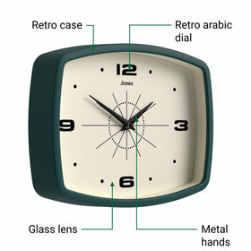 Jones Clocks glass lens detail highlights clarity and precise dial reading.