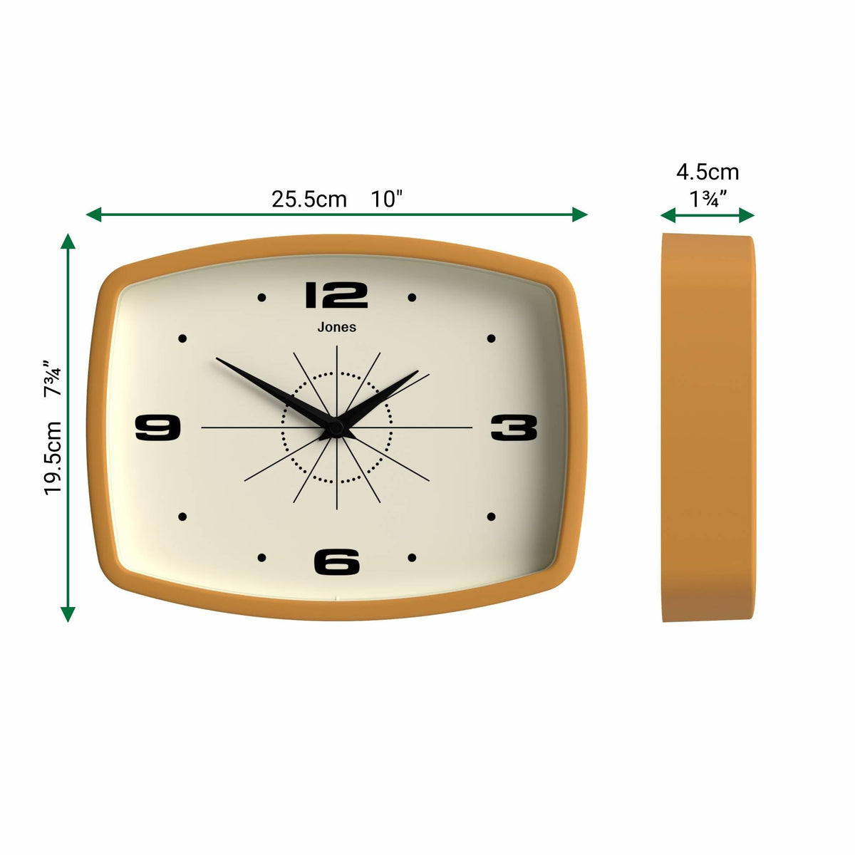 Jones Clocks glass lens keeps hands visible with lasting clarity.