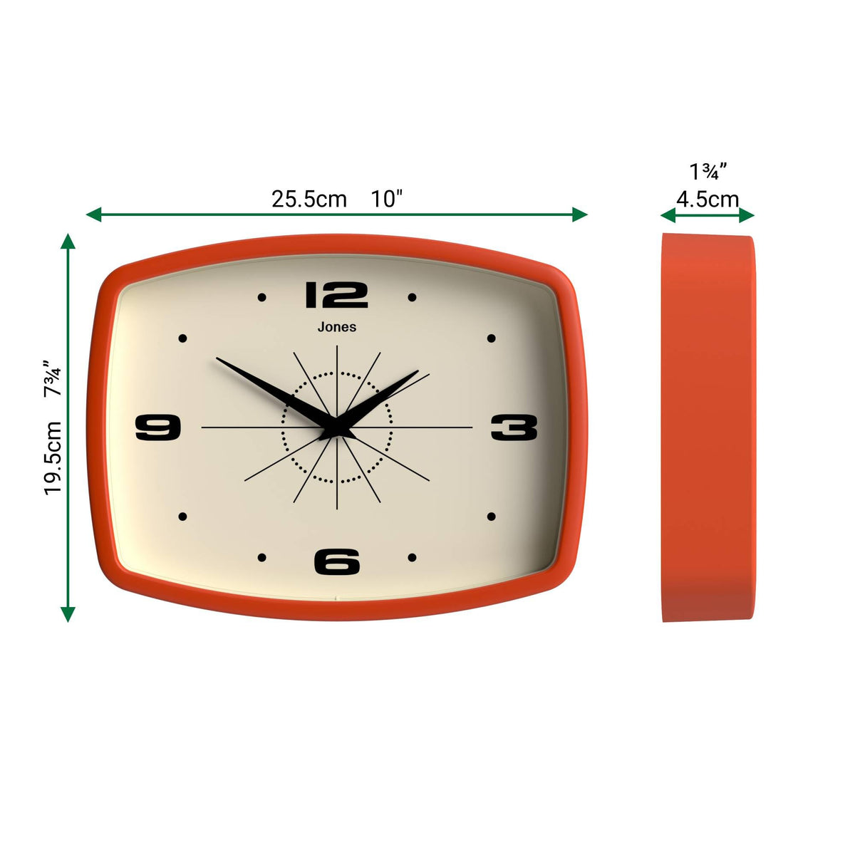 Jones Clocks Movie clock face detail shows acrylic body with a matte finish.