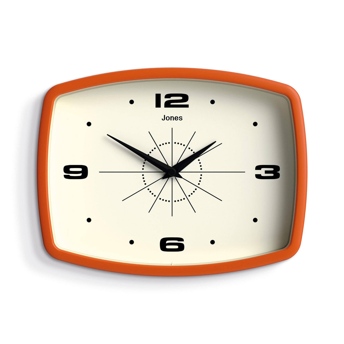 Jones Clocks Movie clock front view, retro orange design for kitchen decor.
