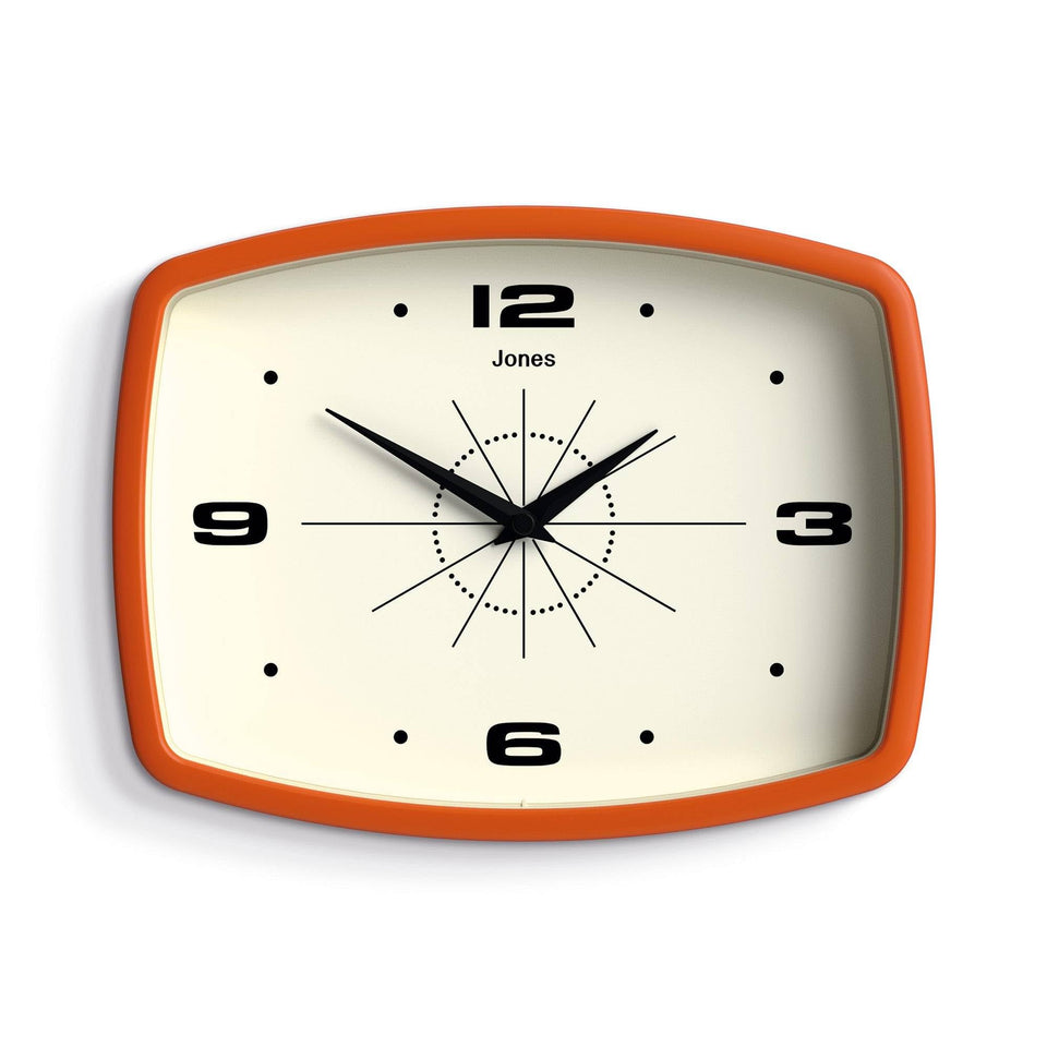 Jones Clocks Movie clock front view, retro orange design for kitchen decor.