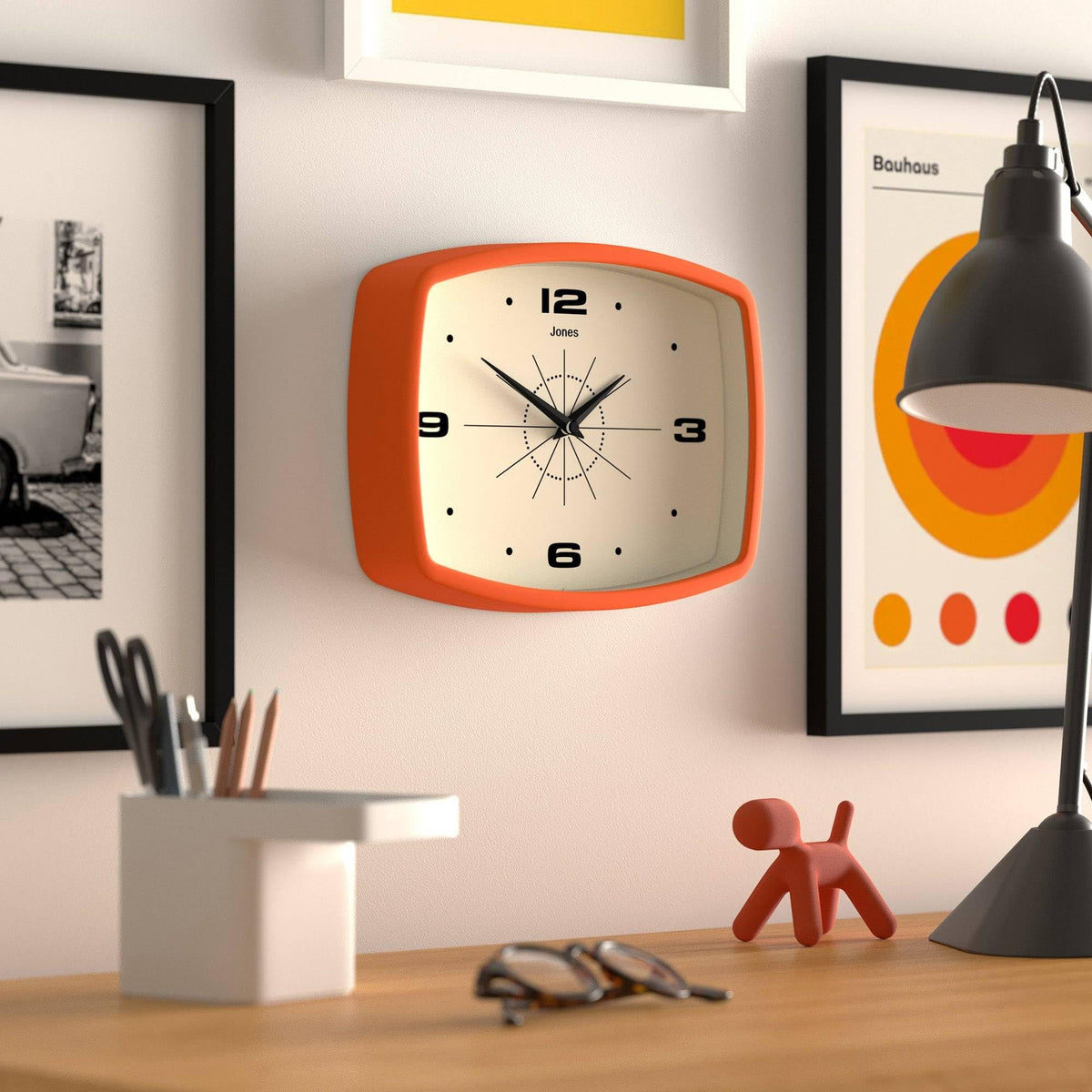 Jones Clocks Movie clock glass lens offers clear viewing and protection.
