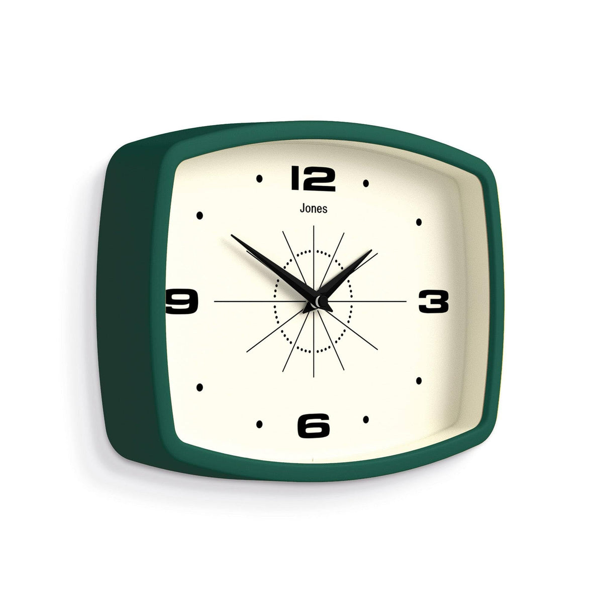 Jones Clocks Movie Clock, 10-inch dark green front view for kitchen quick time checks.