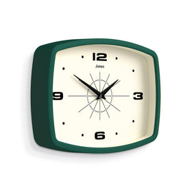 Jones Clocks Movie Clock, 10-inch dark green front view for kitchen quick time checks.