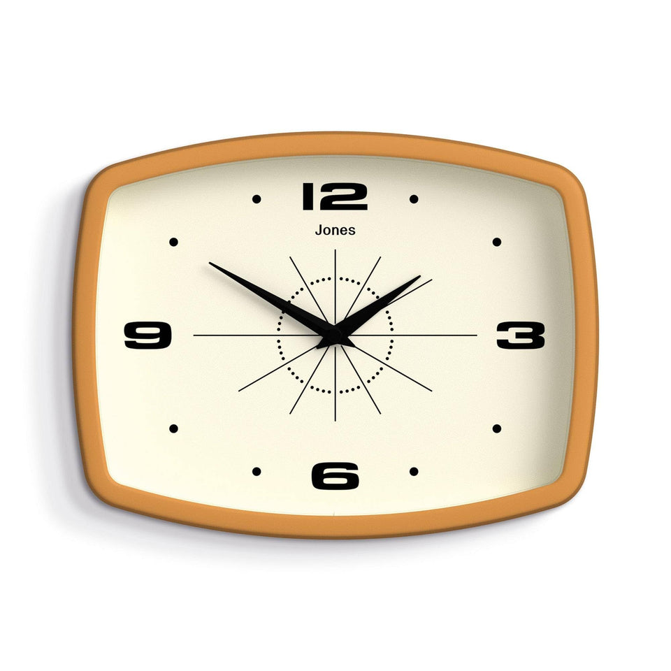 Jones Clocks Movie wall clock rectangular shape adds retro style to any room.