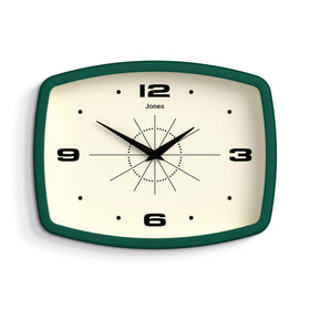 Jones Clocks Movie Wall Clock in rectangular design adds retro charm to a living room.