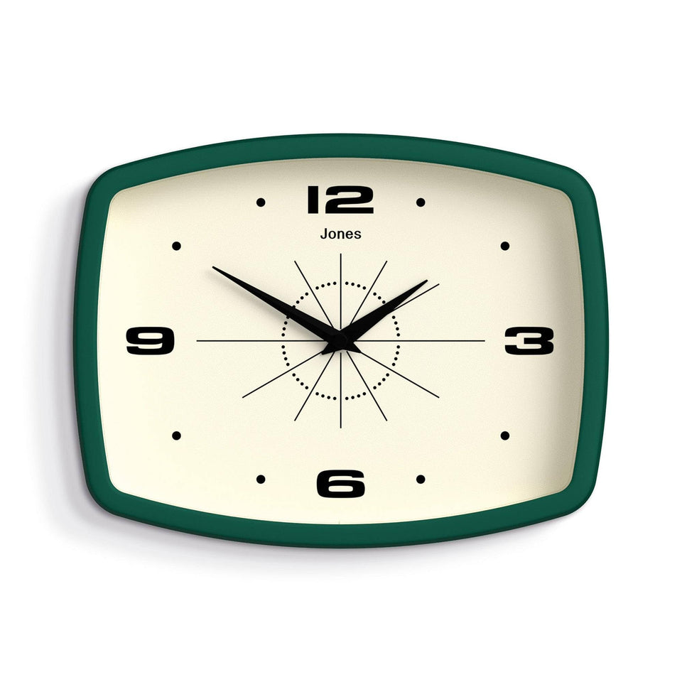 Jones Clocks Movie Wall Clock in rectangular design adds retro charm to a living room.