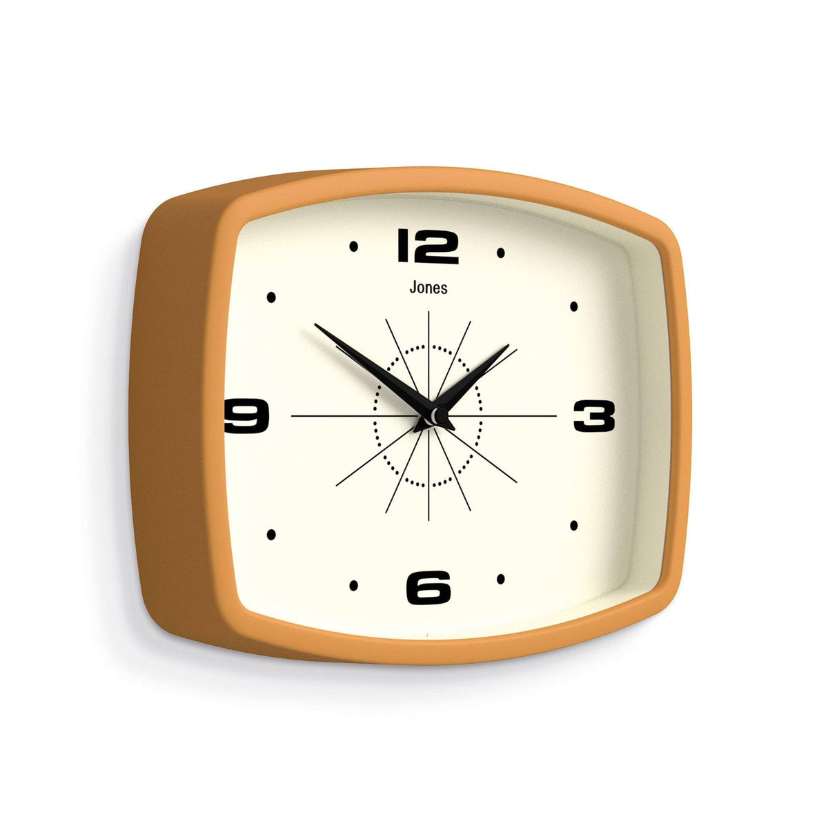 Jones Clocks mustard yellow clock face brightens kitchens and living rooms.