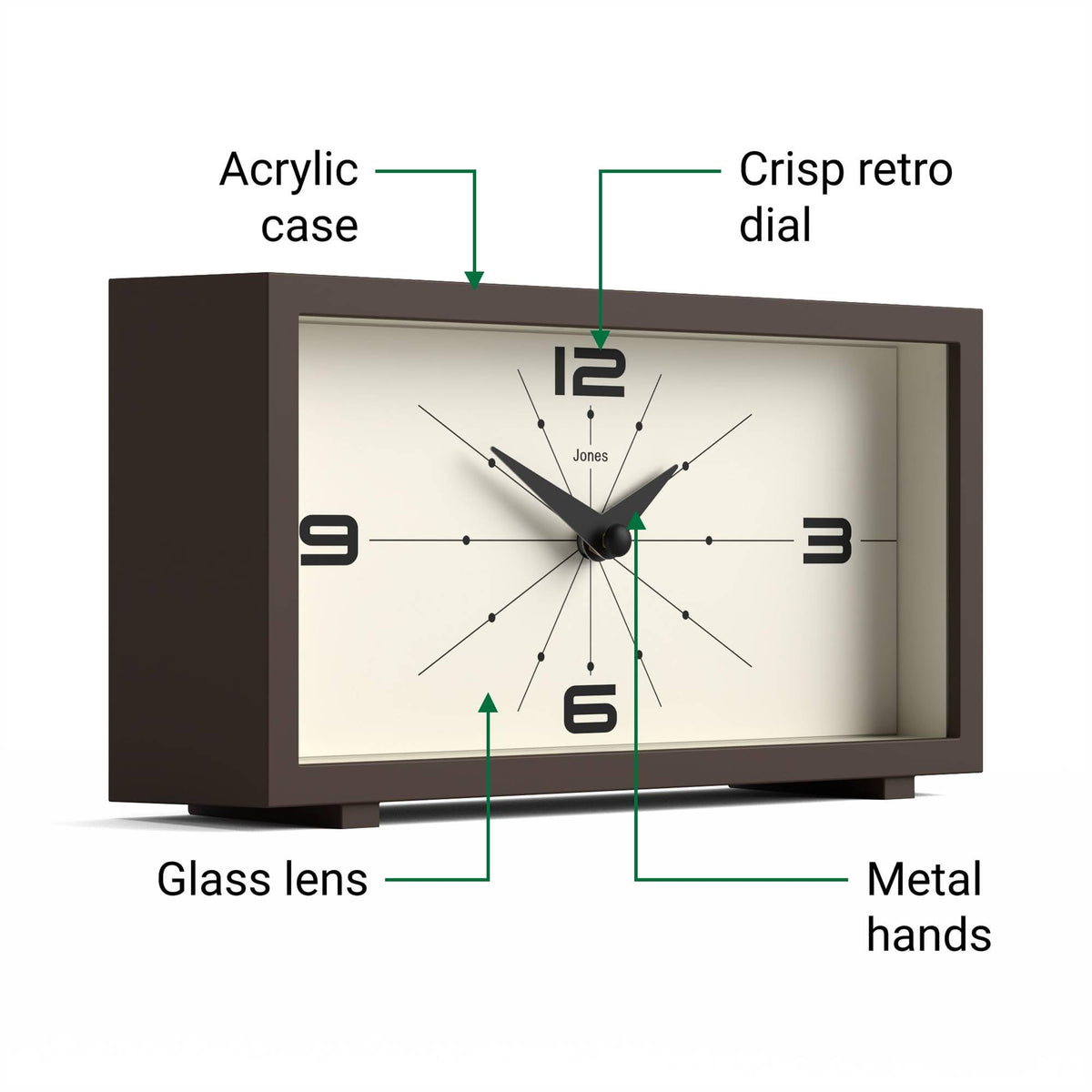 Jones Clocks Odeon bedside table style ideal for nightstands