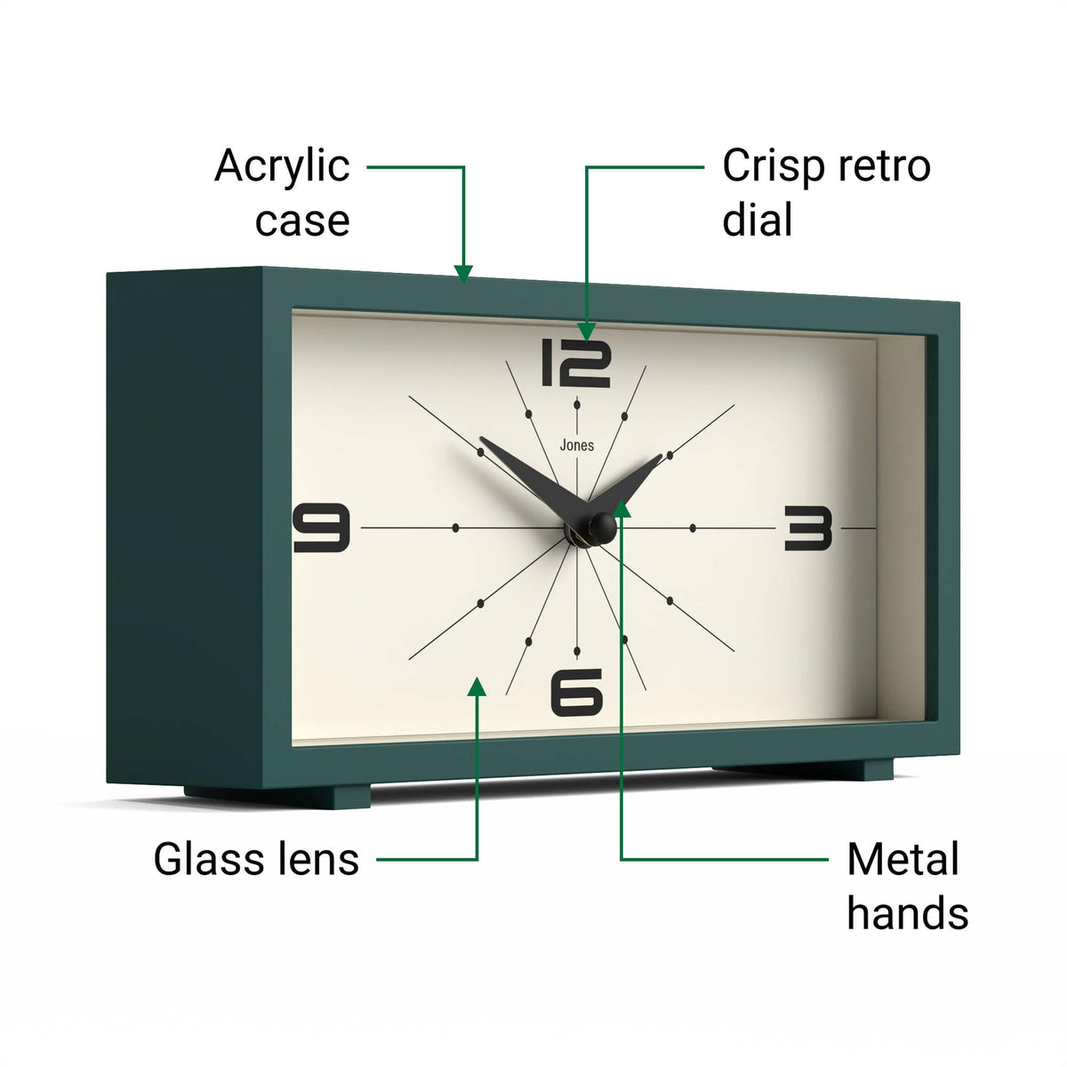 Jones Clocks Odeon Desk Clock on desk with faint ticking.