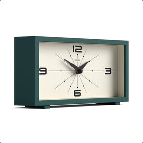 Jones Clocks Odeon Desk Clock, green dial close up showing clear numerals.