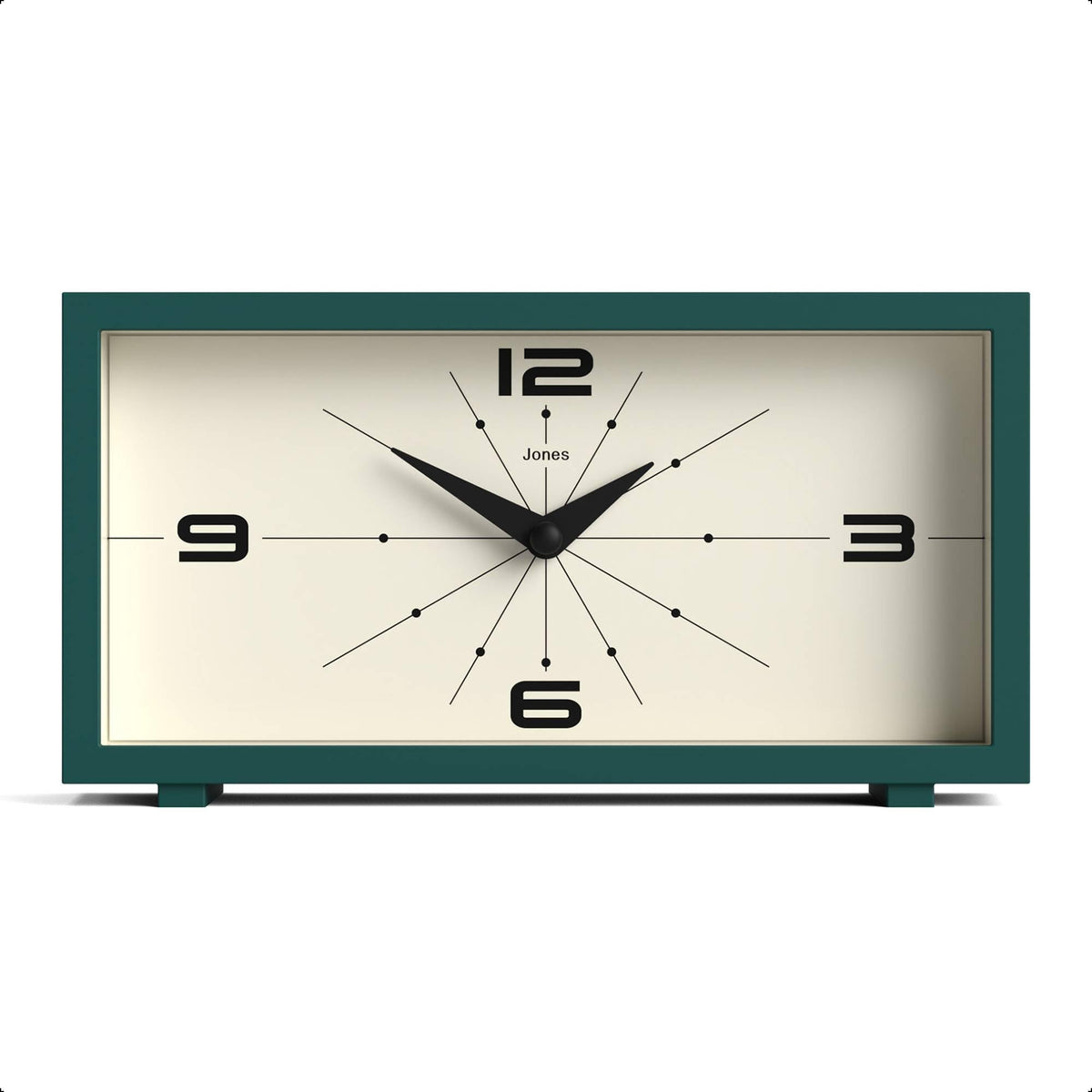 Jones Clocks Odeon Desk Clock in green, front view with retro dial.