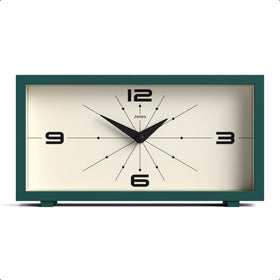 Jones Clocks Odeon Desk Clock in green, front view with retro dial.