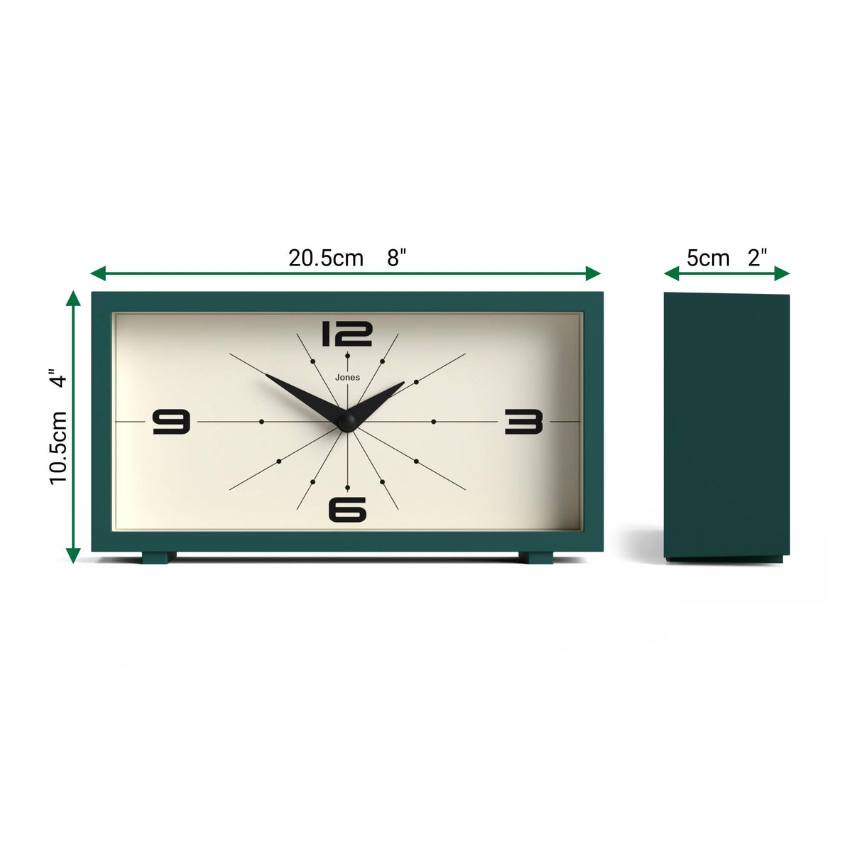 Jones Clocks Odeon Desk Clock side profile with slim rectangle.
