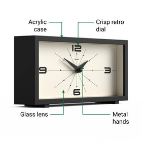 Jones Clocks Odeon desk setup on table highlights versatile placement.