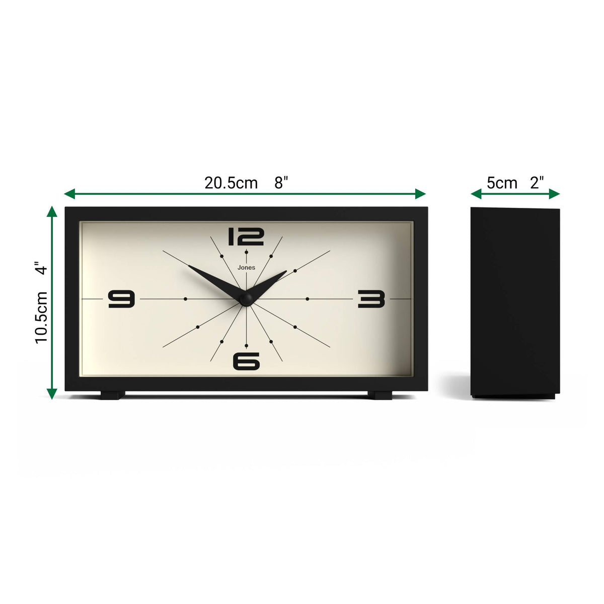 Jones Clocks Odeon glass lens close-up shows clear readability.