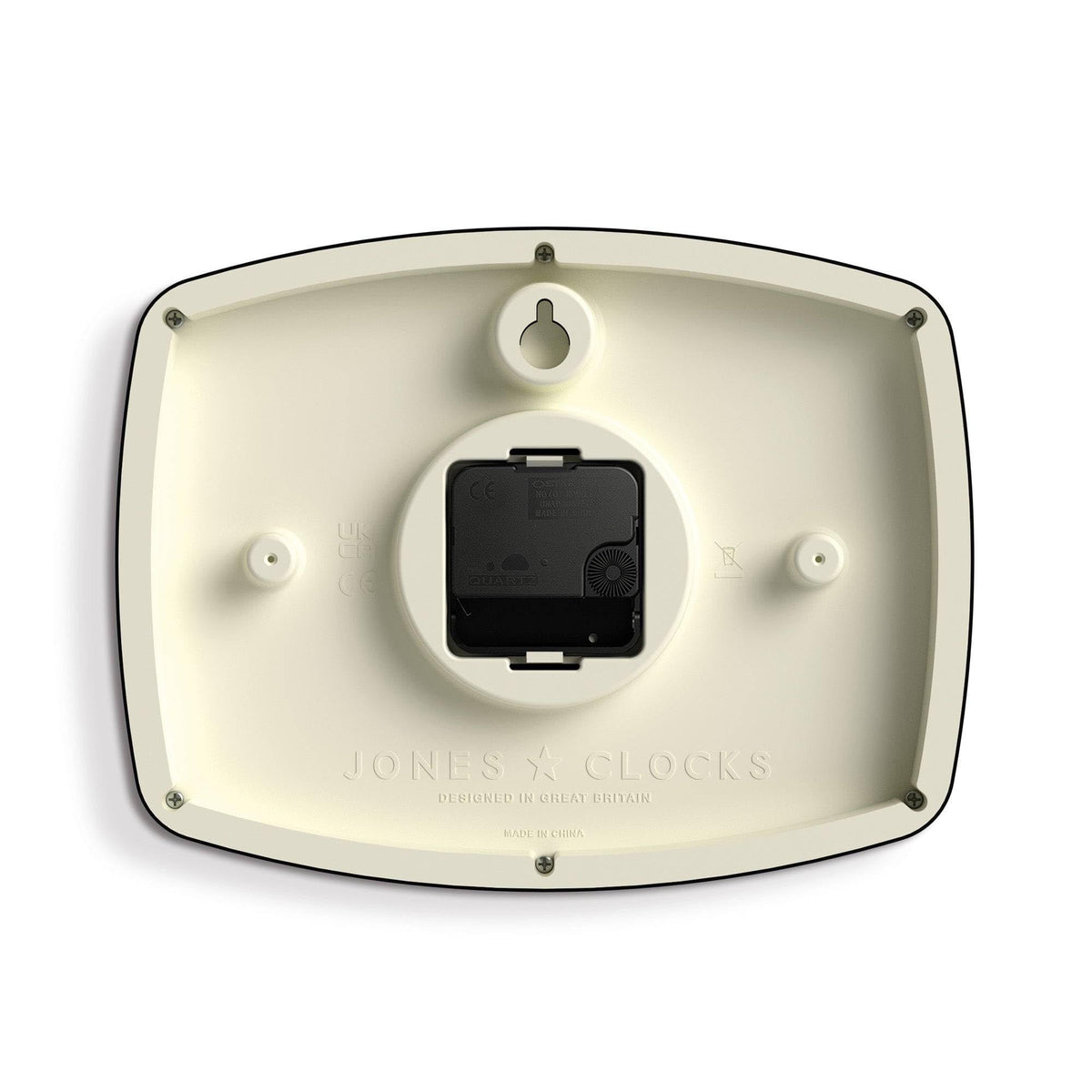 Jones Clocks quartz movement delivers reliable timekeeping with a faint ticking.